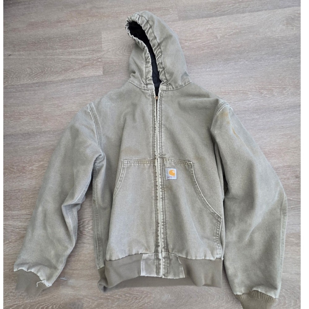 Carhartt Active Jacket Mens Small Quilted Lined Canvas Hooded Work Coat Green